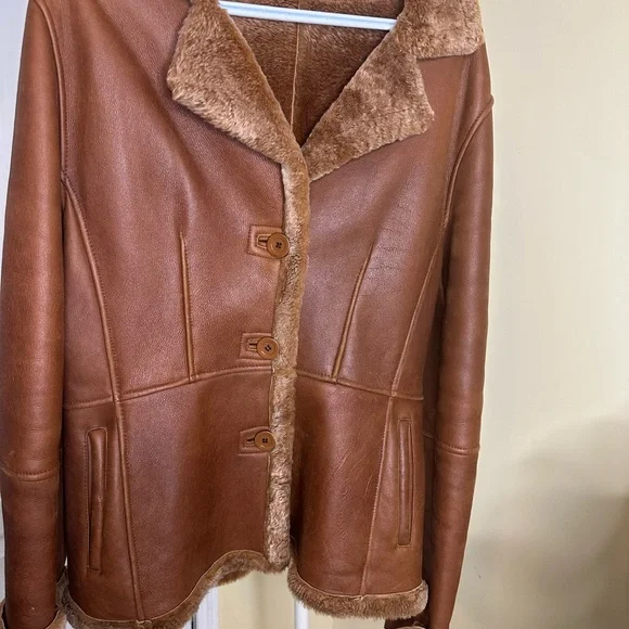 Brown Shearling Women's leather Jacket with faux fur wool - Picture 5 of 14